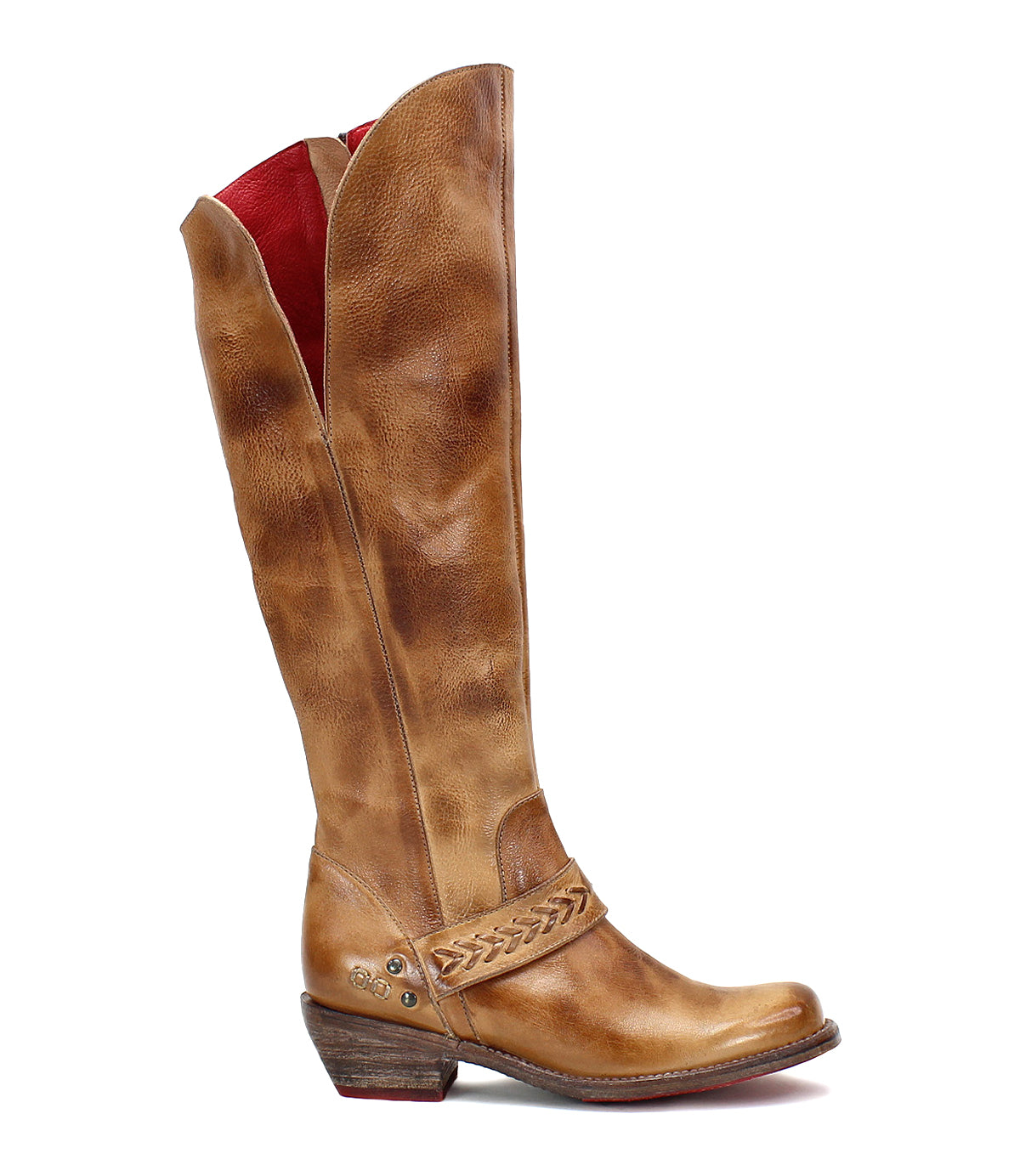 A women's Bed Stu Tan Cowboy Boot with a red sole.
