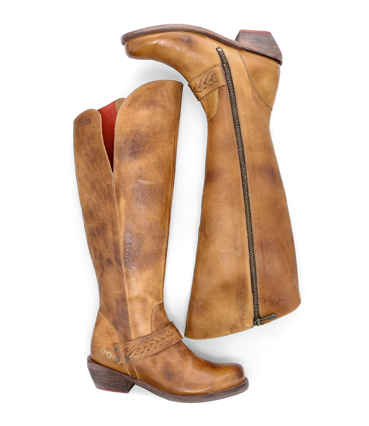 A pair of Bed Stu Takoma women's tan riding boots.