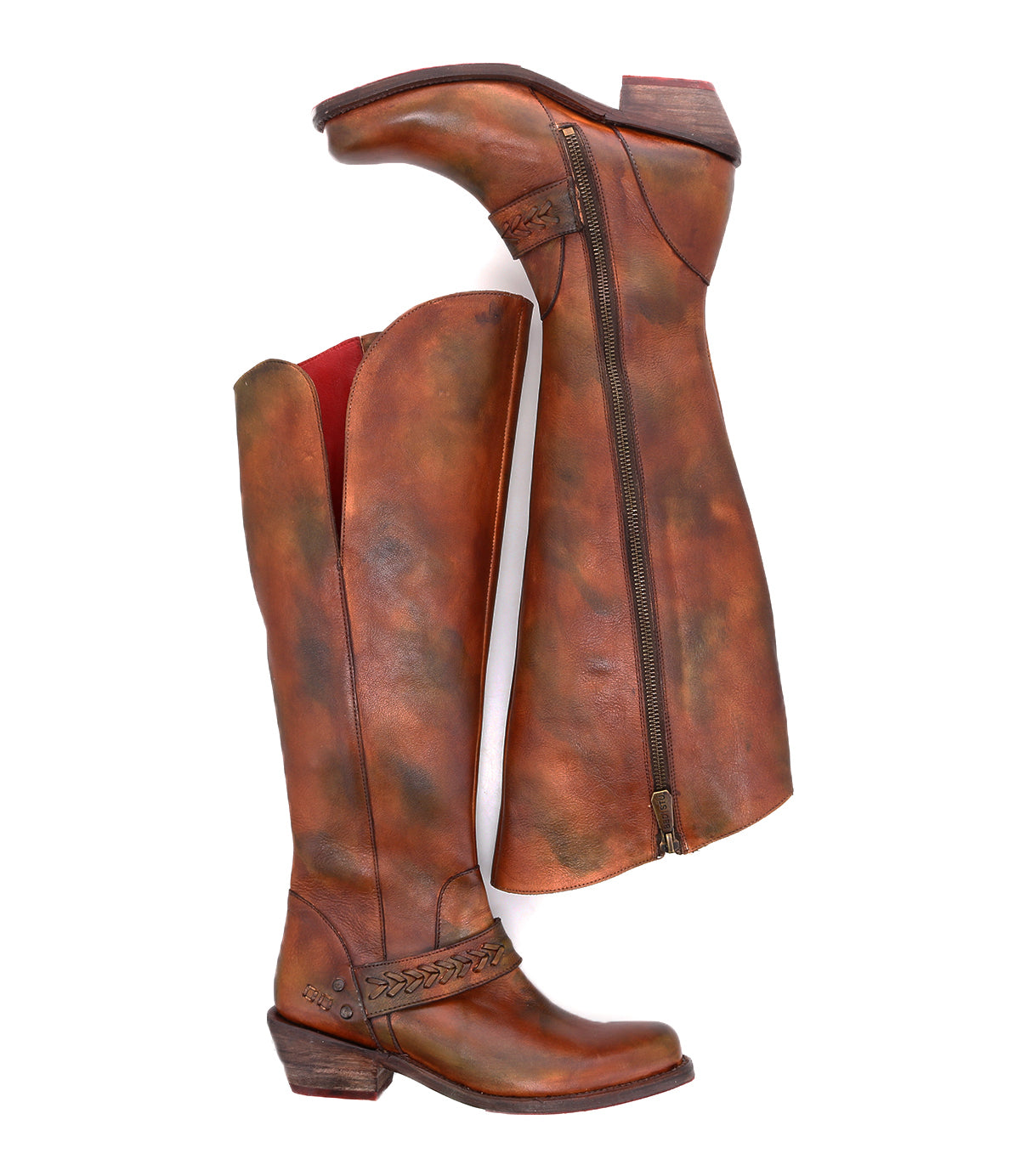 A pair of Bed Stu Takoma women's brown leather boots on a white background.