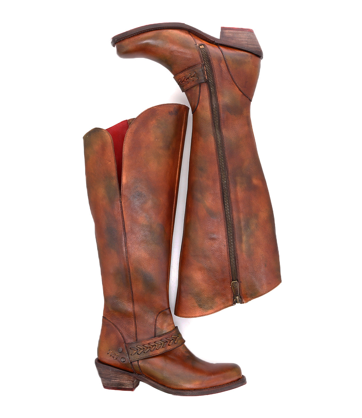 A pair of Bed Stu Takoma women's brown leather boots on a white background.
