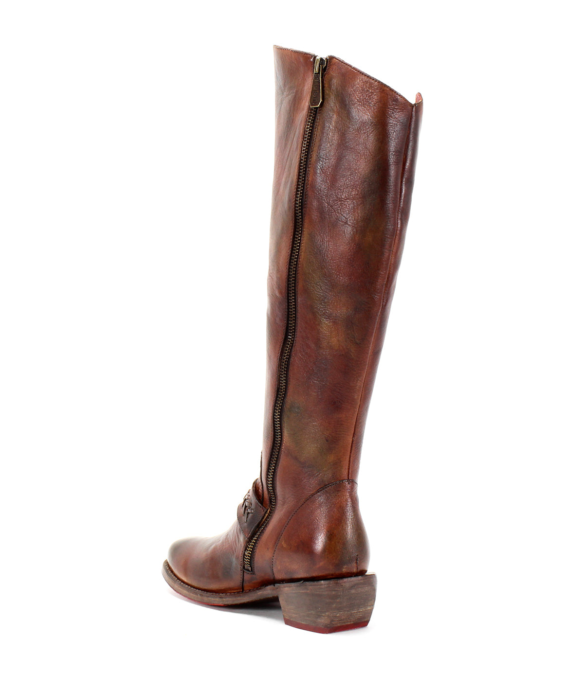 A women's brown riding boot with a zipper on the side, the Takoma by Bed Stu.