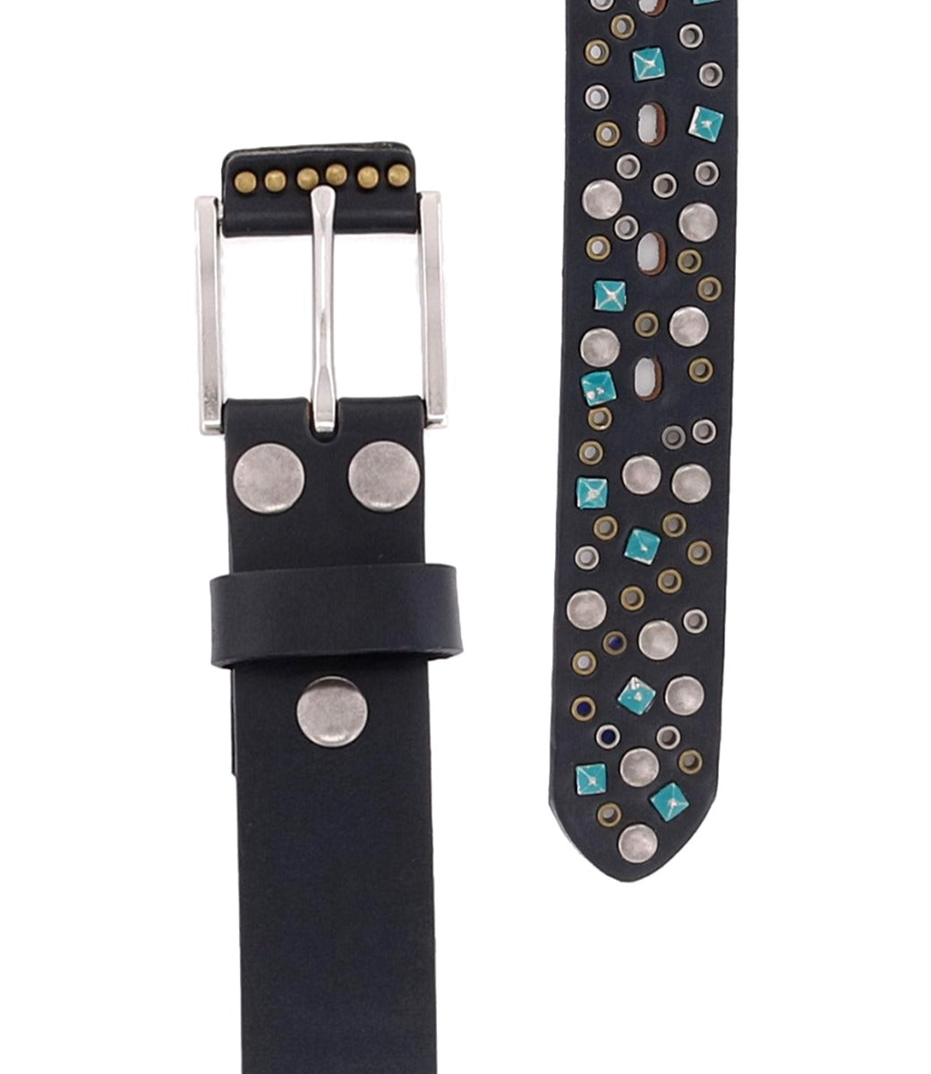 A Tammin II black leather belt with turquoise and silver studs by Bed Stu.