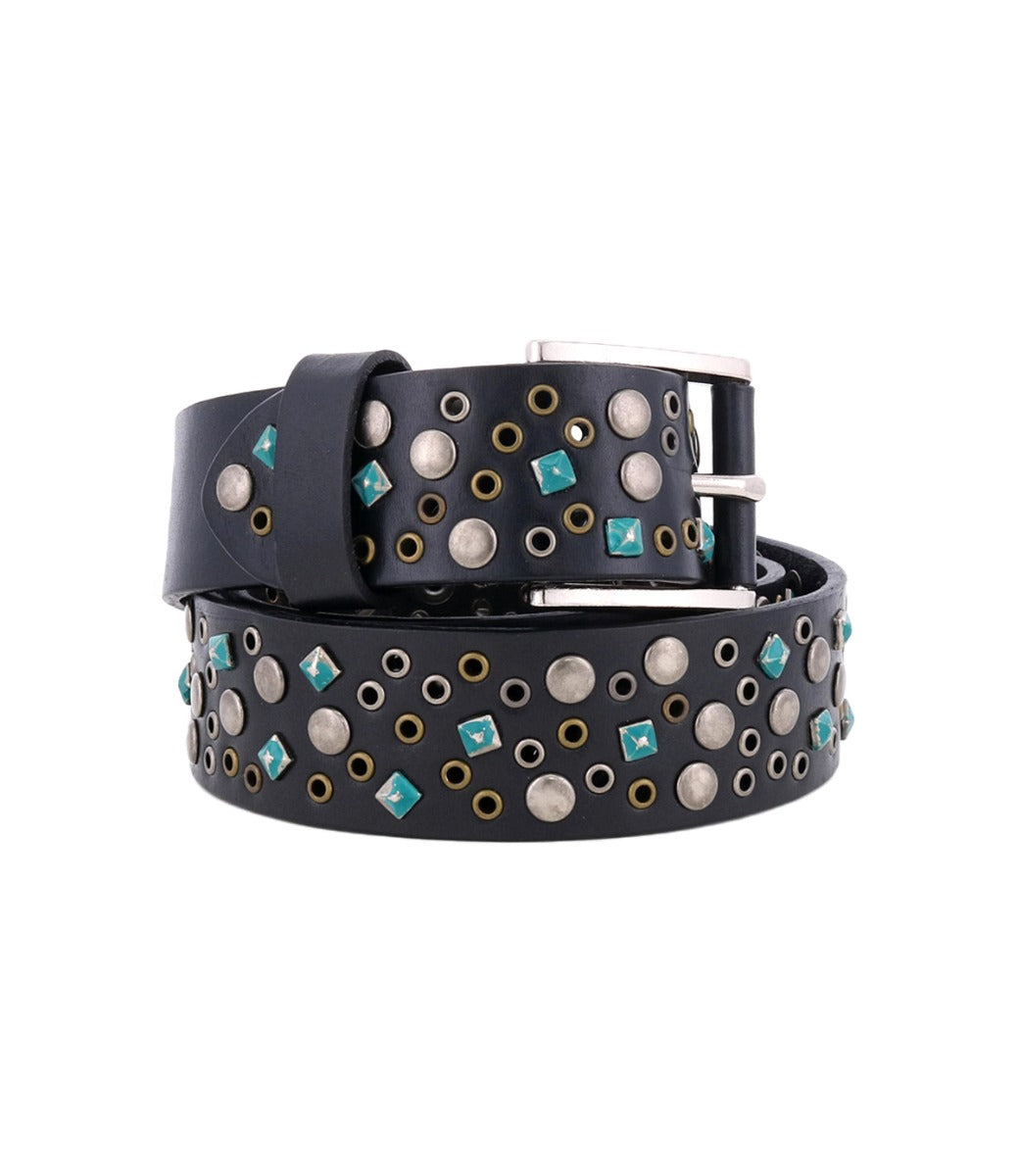 A black leather belt with turquoise studded details, the Tammin II by Bed Stu.
