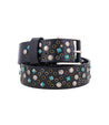 A black leather belt with turquoise studded details, the Tammin II by Bed Stu.