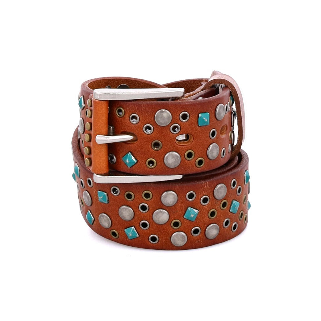 A brown leather belt with turquoise studded accents, the Tammin by Bed Stu.