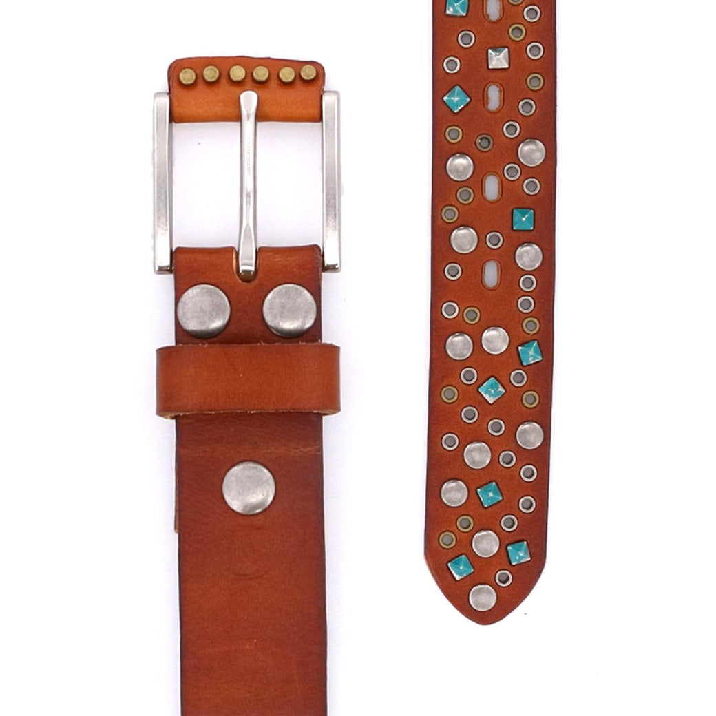 A brown leather belt with turquoise studded accents, called Tammin by Bed Stu.