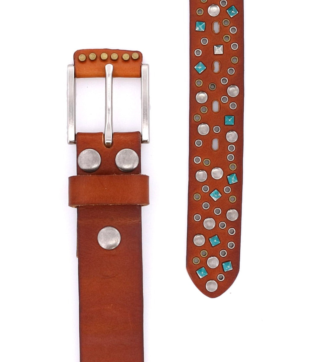 A brown leather belt with turquoise studded accents, called Tammin by Bed Stu.