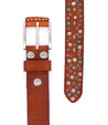 A brown leather belt with turquoise studded accents, called Tammin by Bed Stu.
