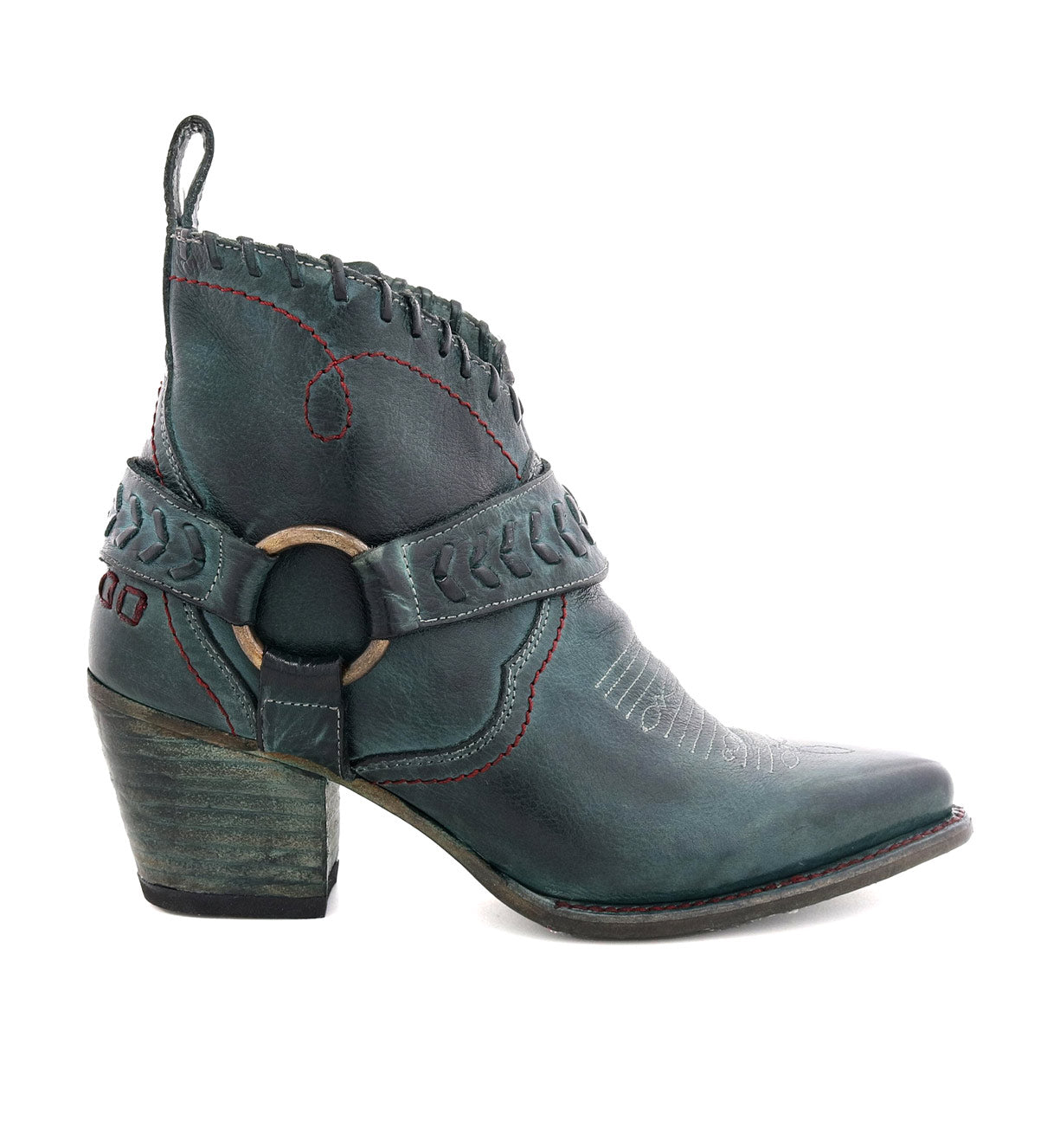 A women's green Tania cowboy boot with a buckle, by Bed Stu.