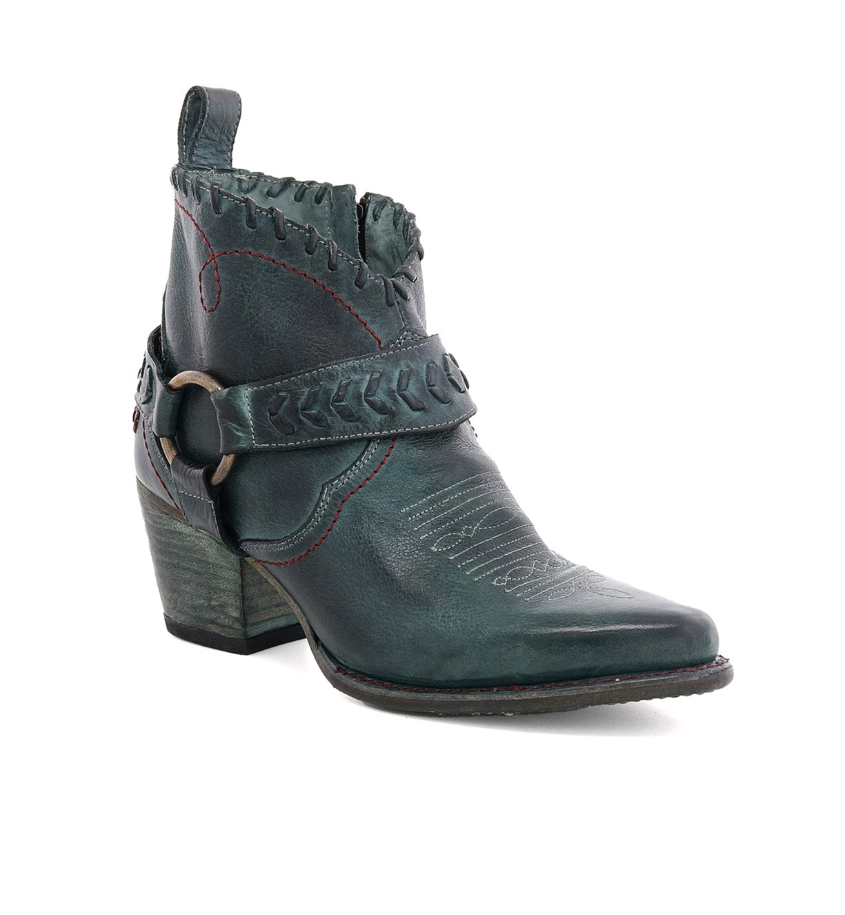 A women's green Tania cowboy boot with a buckle by Bed Stu.