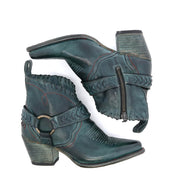 A pair of green Tania cowboy boots with buckles and straps from Bed Stu.
