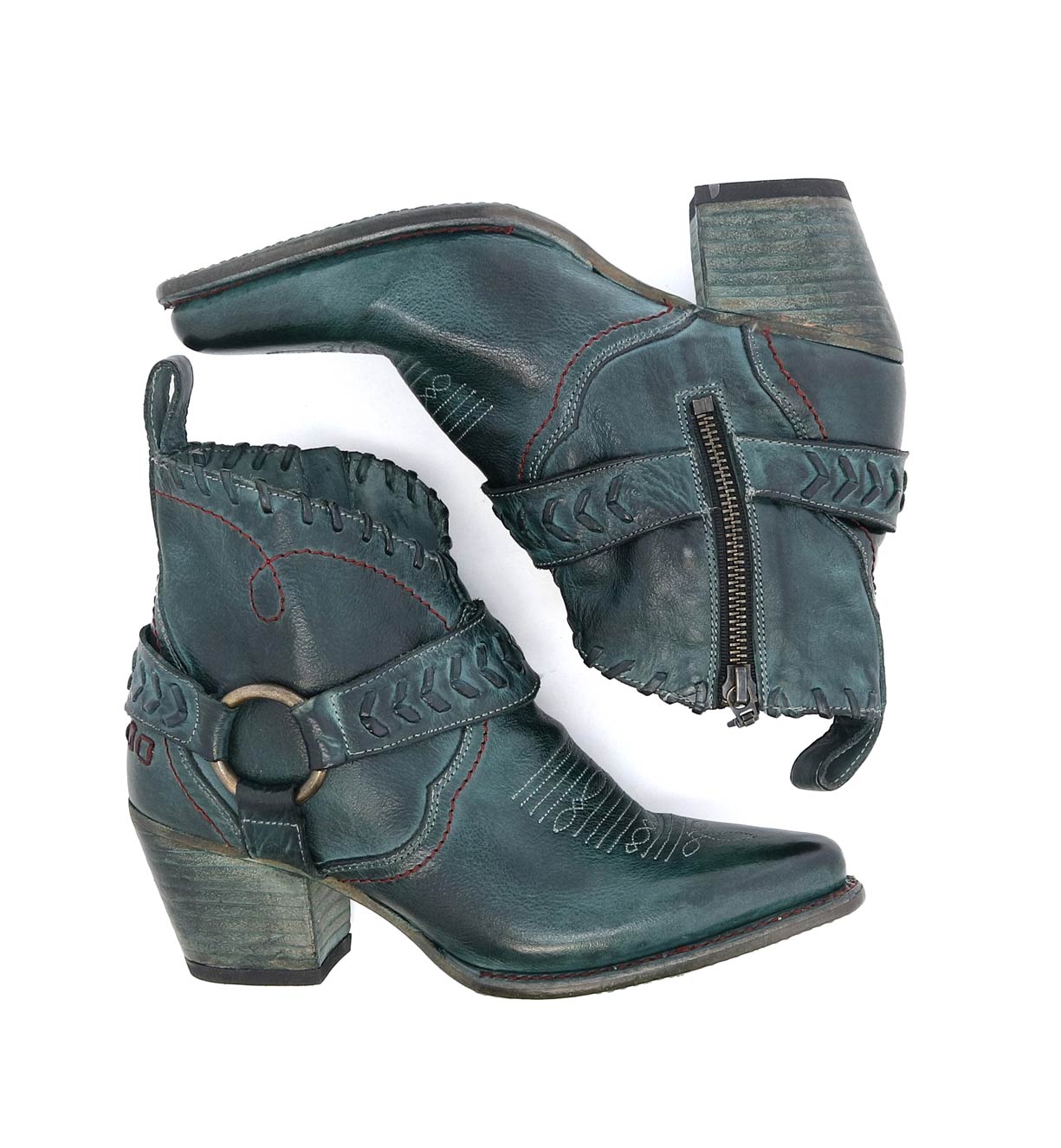 A pair of green Tania cowboy boots with buckles and straps from Bed Stu.
