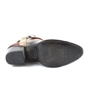 A pair of brown and black Bed Stu Tania cowboy boots on a white background.