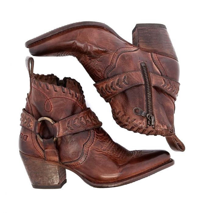 A pair of brown Bed Stu cowboy boots with buckles named Tania.