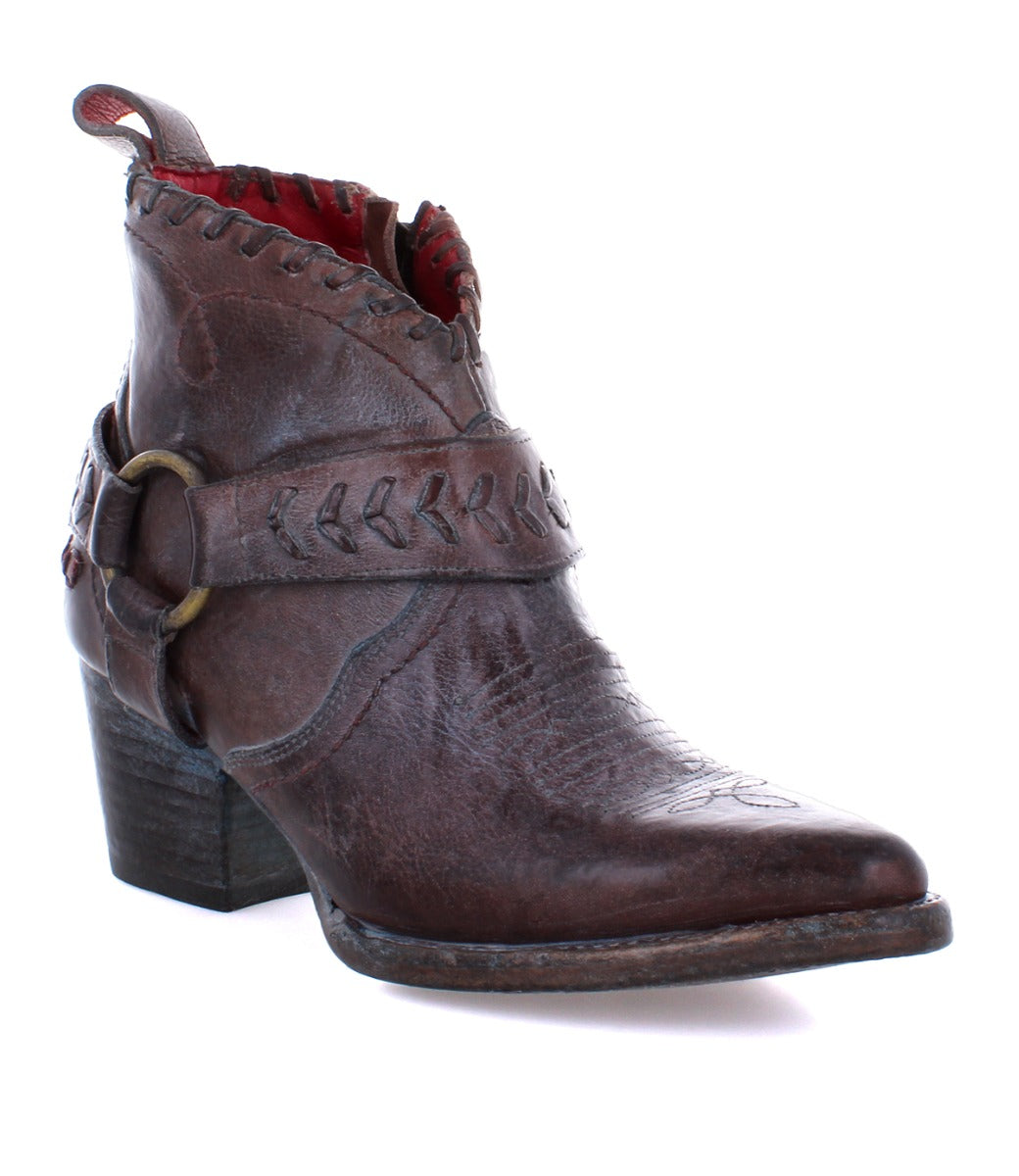 A women's brown cowboy boot with a buckle, the Bed Stu Tania.