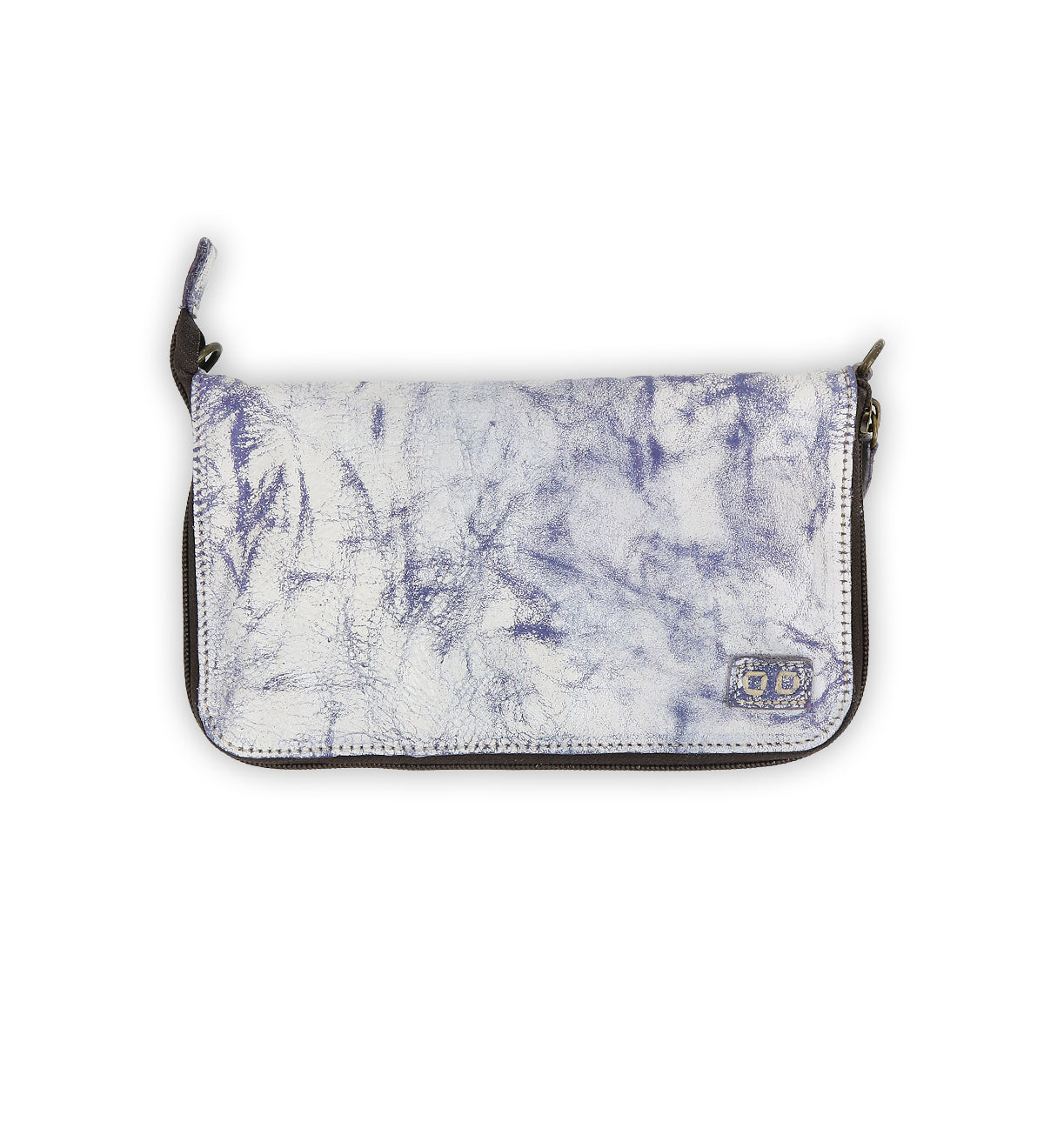 The Bed Stu Templeton II is a chic clutch purse with a marbled white and purple texture featuring a small logo patch on the lower right corner. Its versatile design allows it to transform easily into a stylish crossbody for any occasion.