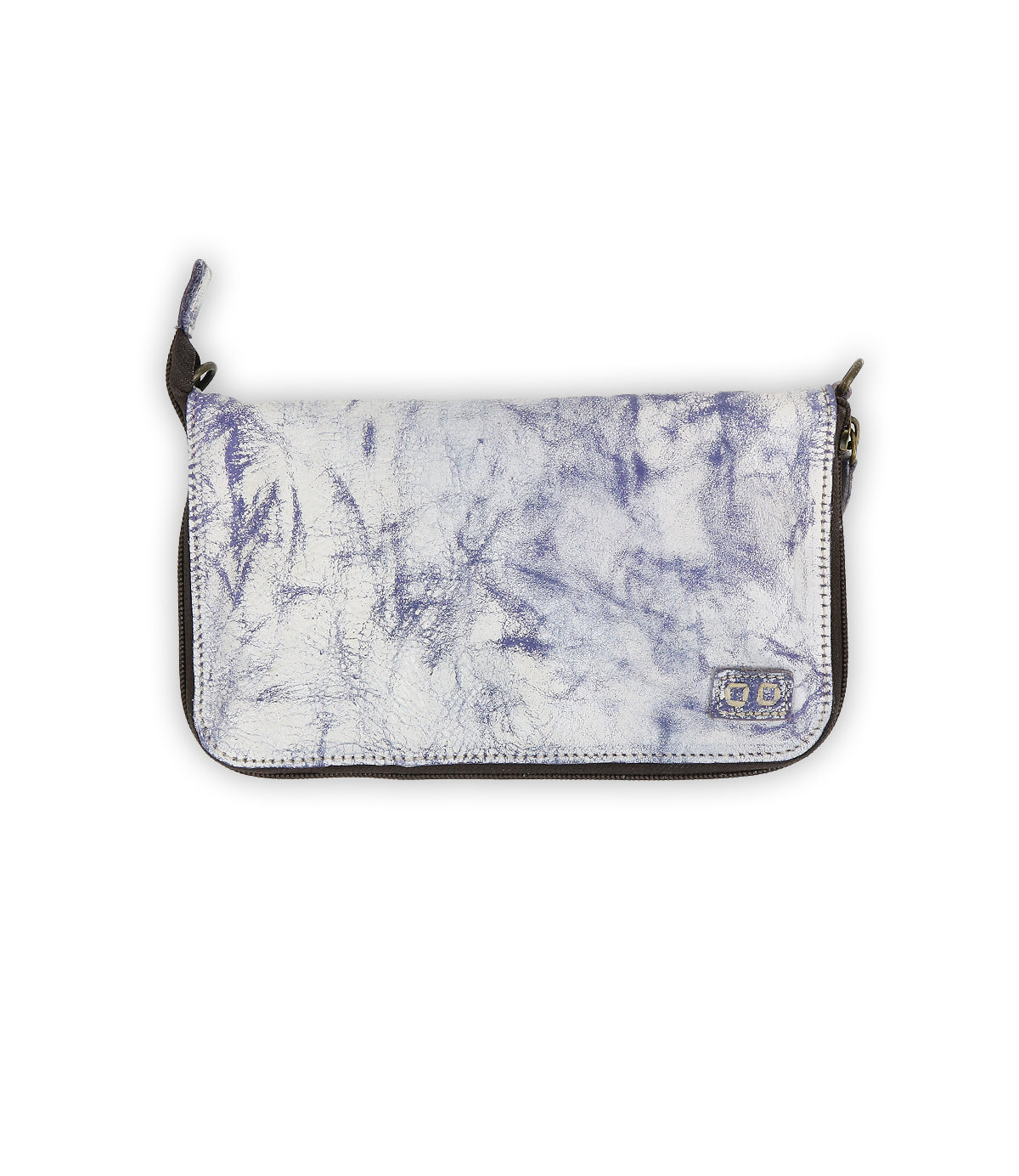 The Bed Stu Templeton II is a chic clutch purse with a marbled white and purple texture featuring a small logo patch on the lower right corner. Its versatile design allows it to transform easily into a stylish crossbody for any occasion.