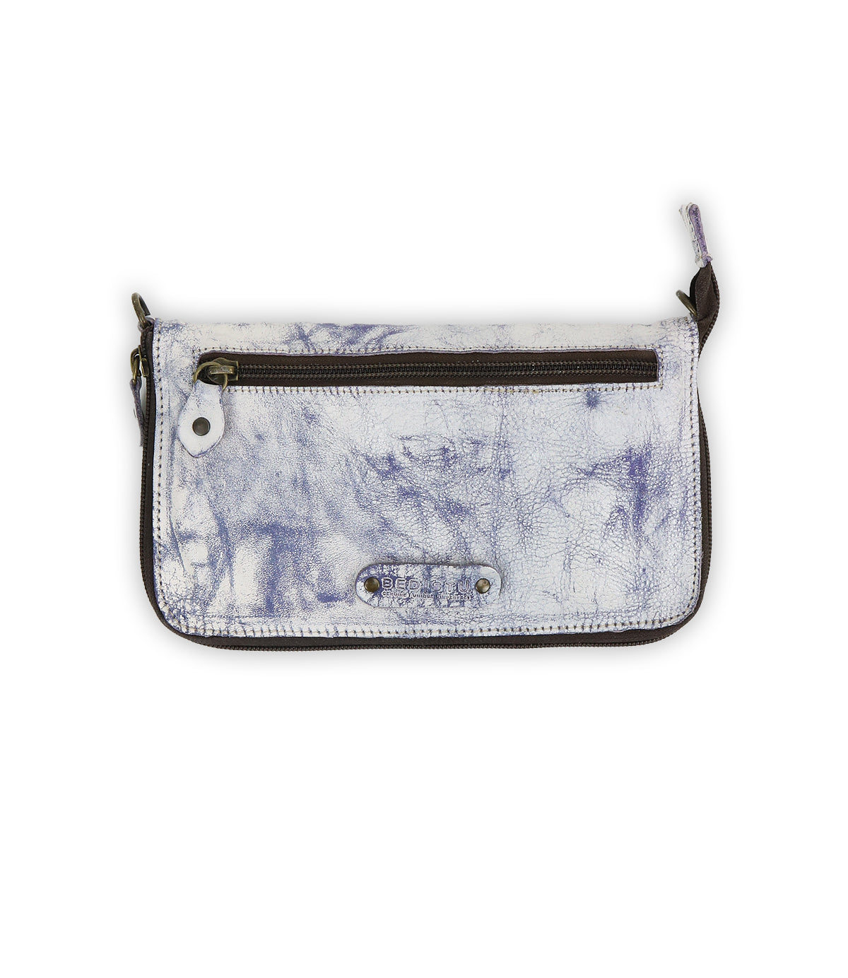 The Templeton II by Bed Stu is a rectangular white and gray marbled leather wallet that features a front zipper pocket and a wrist strap, making it a chic clutch for any occasion.