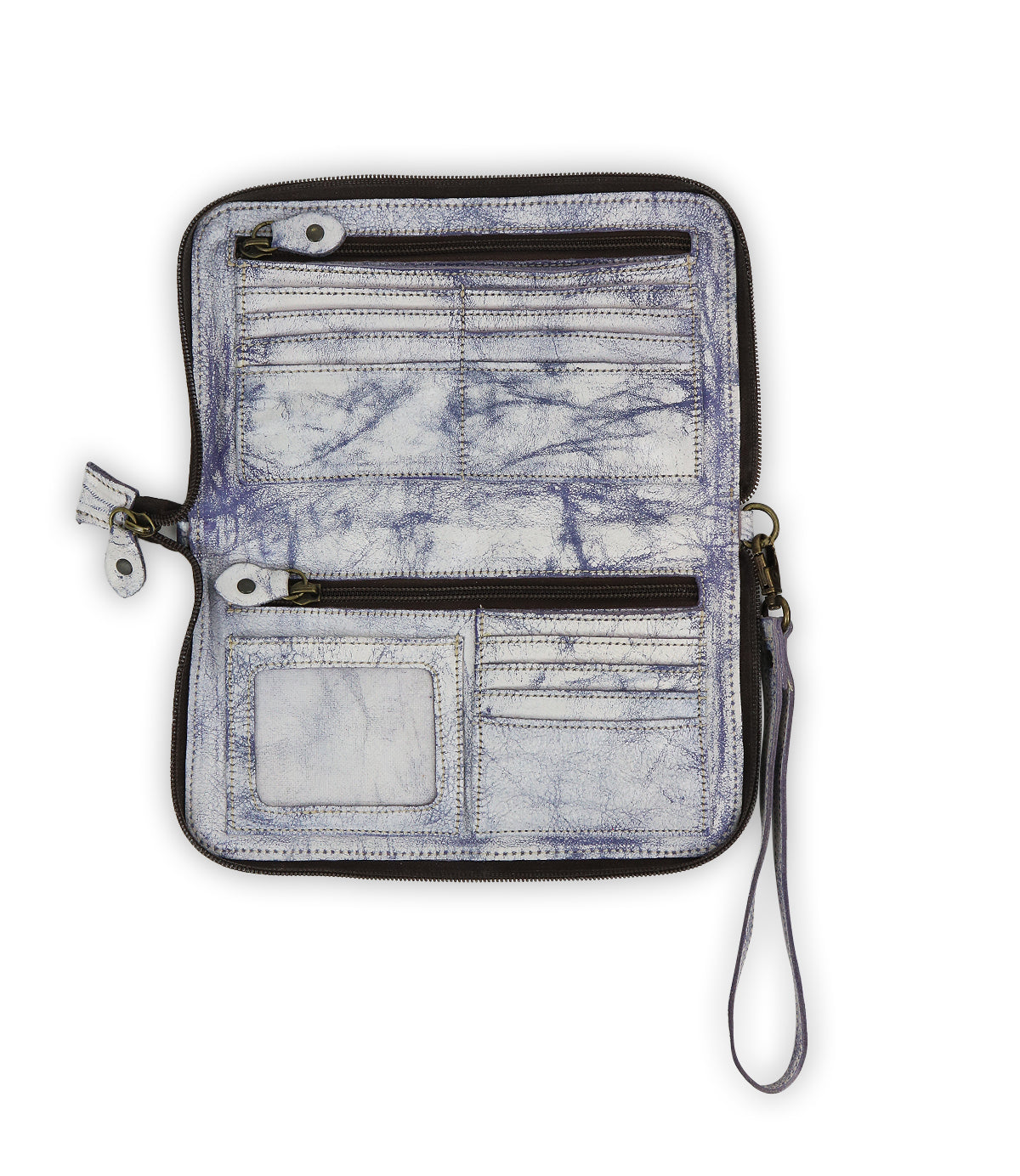 The Templeton II by Bed Stu is a versatile leather wallet in marbled white and blue, featuring card slots, a transparent ID window, zippered compartments, and a wrist strap. It effortlessly transitions from a clutch to a crossbody for any occasion.