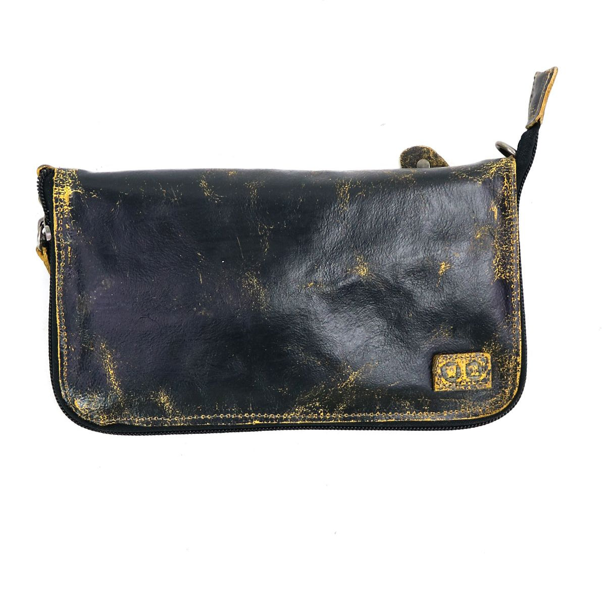 The Templeton II by Bed Stu is a distressed, black leather zippered pouch featuring frayed edges and a small, square yellow badge in the bottom right corner, ideal as a clutch for carrying essentials.