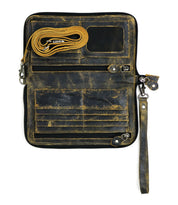 The Templeton II by Bed Stu is an open, weathered leather organizer featuring multiple compartments, credit card slots, a transparent ID window, a wrist strap, and a rolled-up shoulder strap. This versatile accessory combines the convenience of a crossbody with the style of a clutch to hold various personal items.
