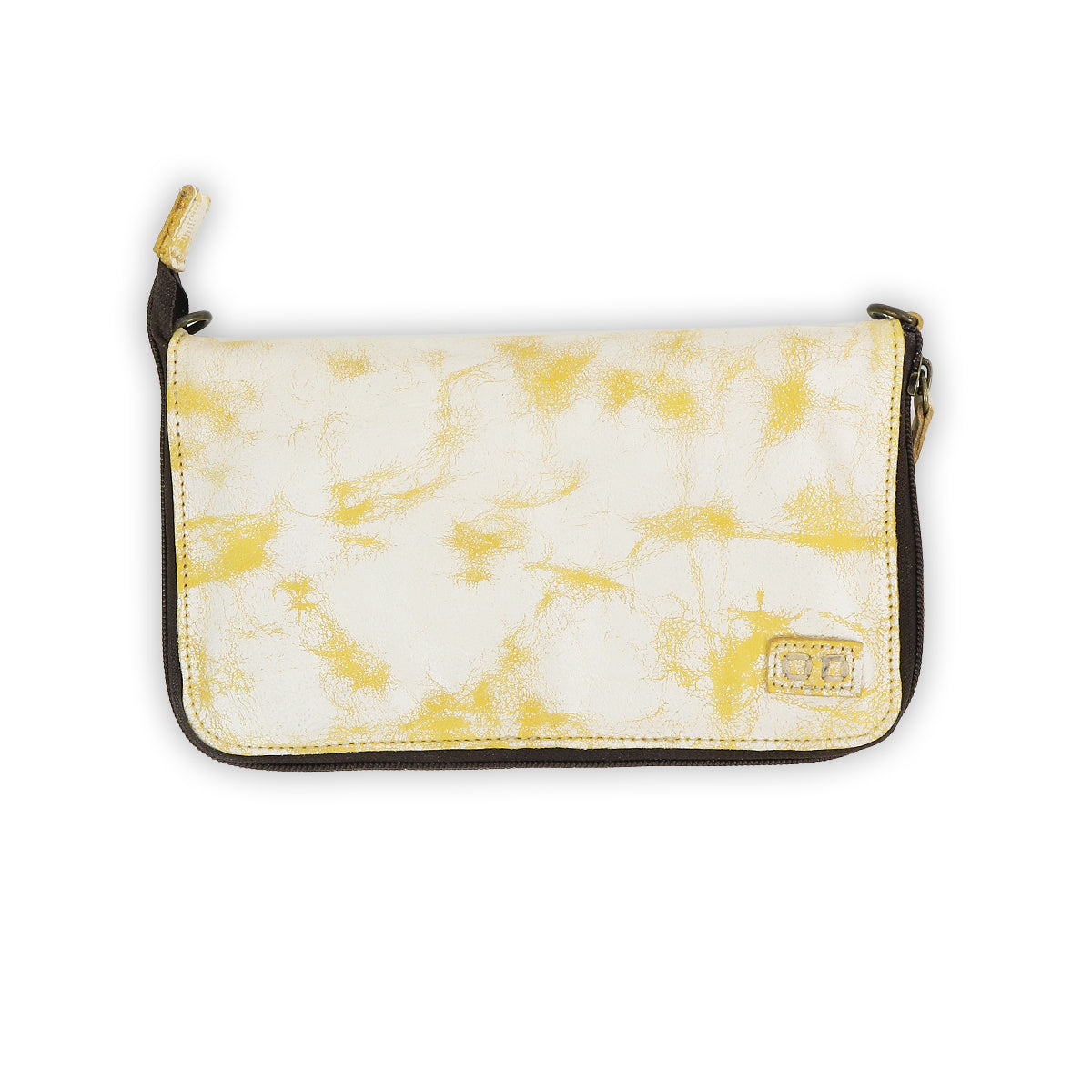 The Bed Stu Templeton II is a rectangular zippered clutch in a marbled white and yellow pattern, featuring a small metal tag in the lower right corner.
