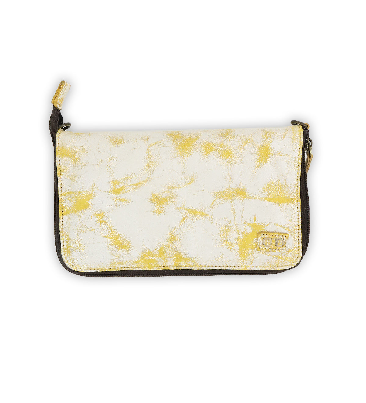 The Bed Stu Templeton II is a rectangular zippered clutch in a marbled white and yellow pattern, featuring a small metal tag in the lower right corner.