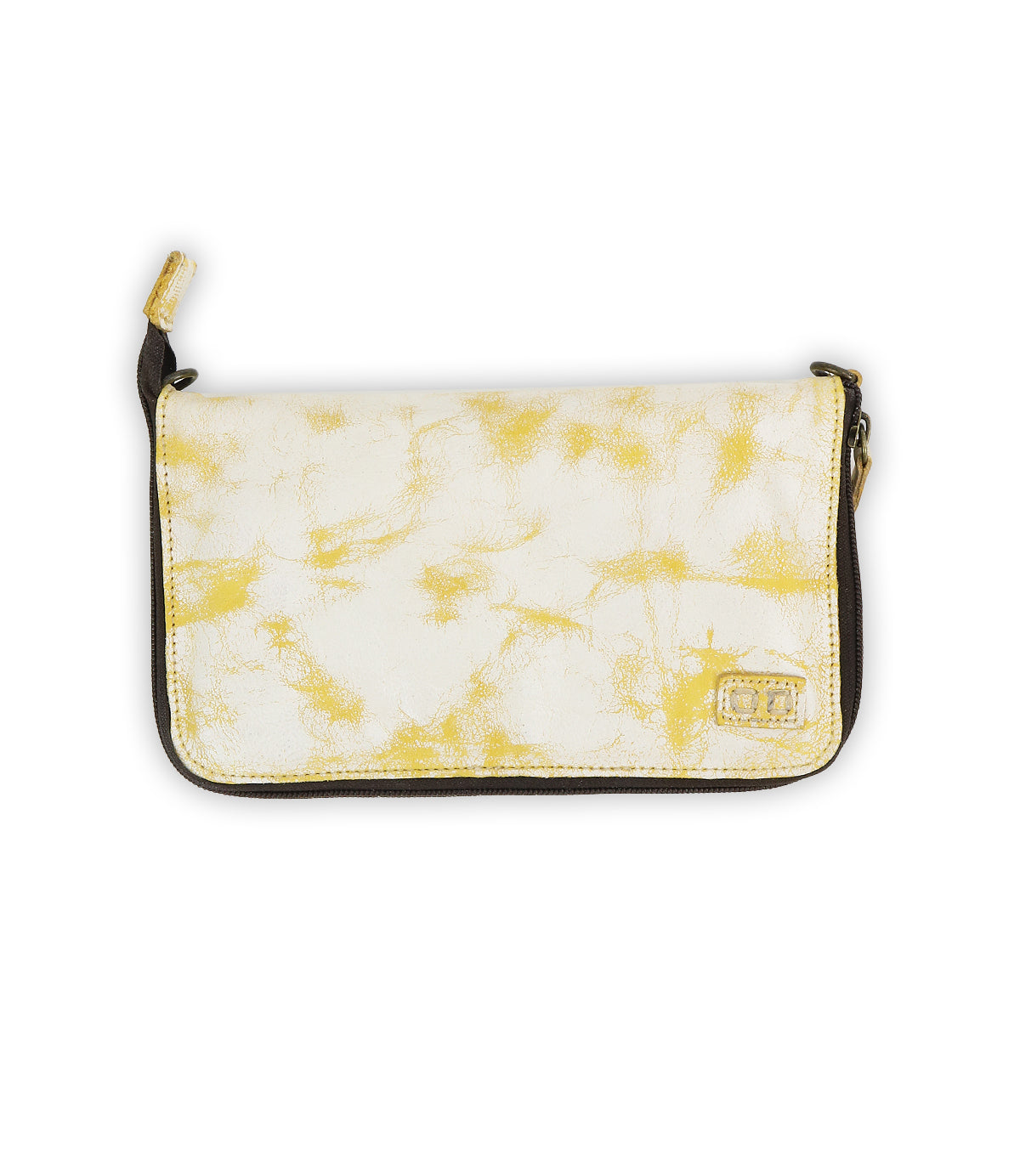 The Bed Stu Templeton II is a rectangular zippered clutch in a marbled white and yellow pattern, featuring a small metal tag in the lower right corner.