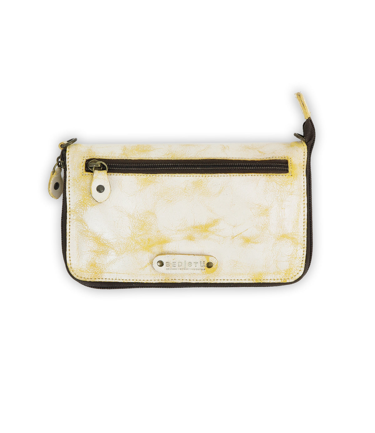 The Templeton II by Bed Stu is a white and gold leather clutch featuring a front zipper pocket, decorative studs, and a top-edge zipper closure.