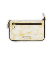 The Templeton II by Bed Stu is a white and gold leather clutch featuring a front zipper pocket, decorative studs, and a top-edge zipper closure.