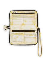The Bed Stu Templeton II is an opened yellow-white leather wristlet wallet featuring multiple card slots, zippered pockets, a transparent ID window, and a wrist strap.