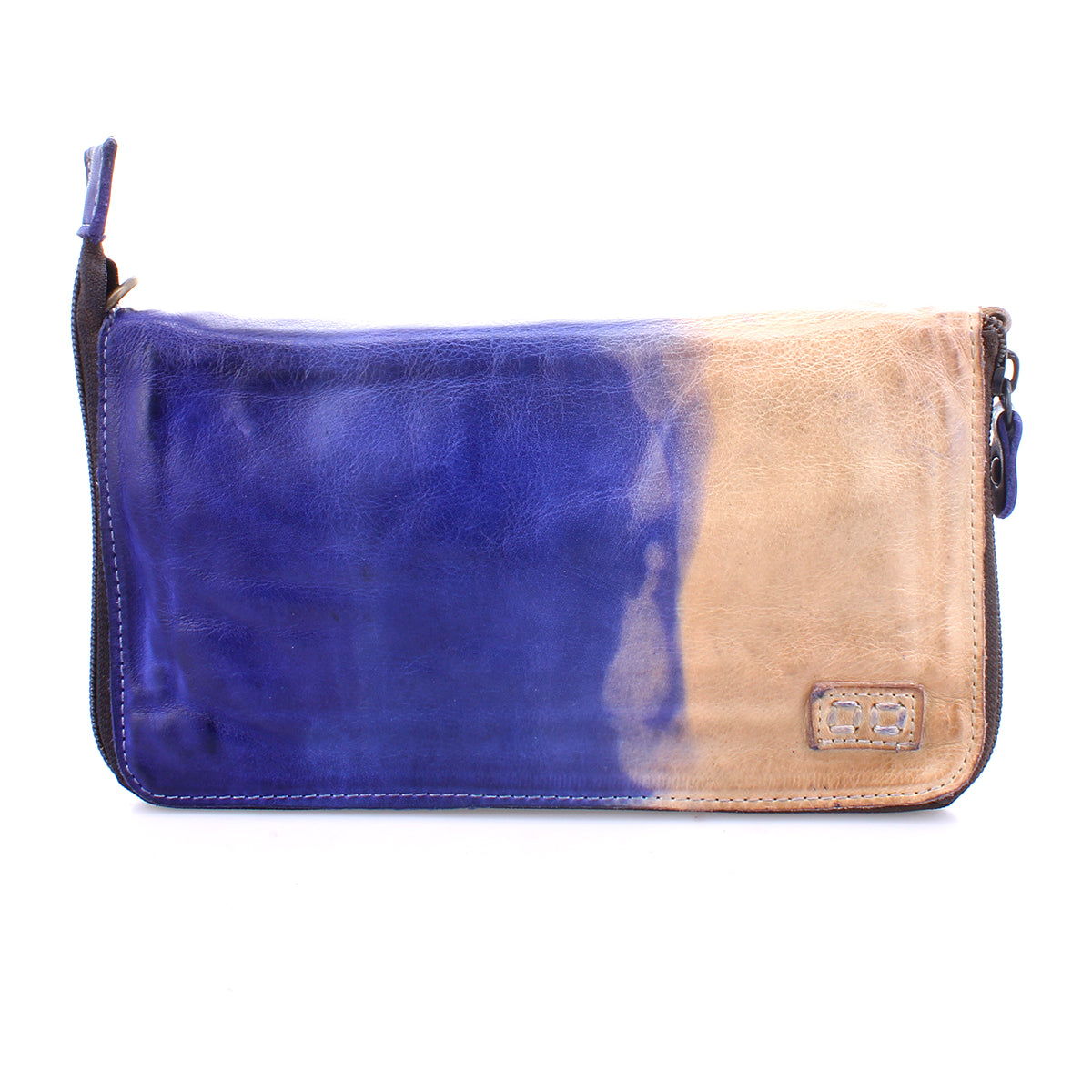 A blue and tan Bed Stu Templeton II wallet with a zipper, perfect for storing your belongings securely.