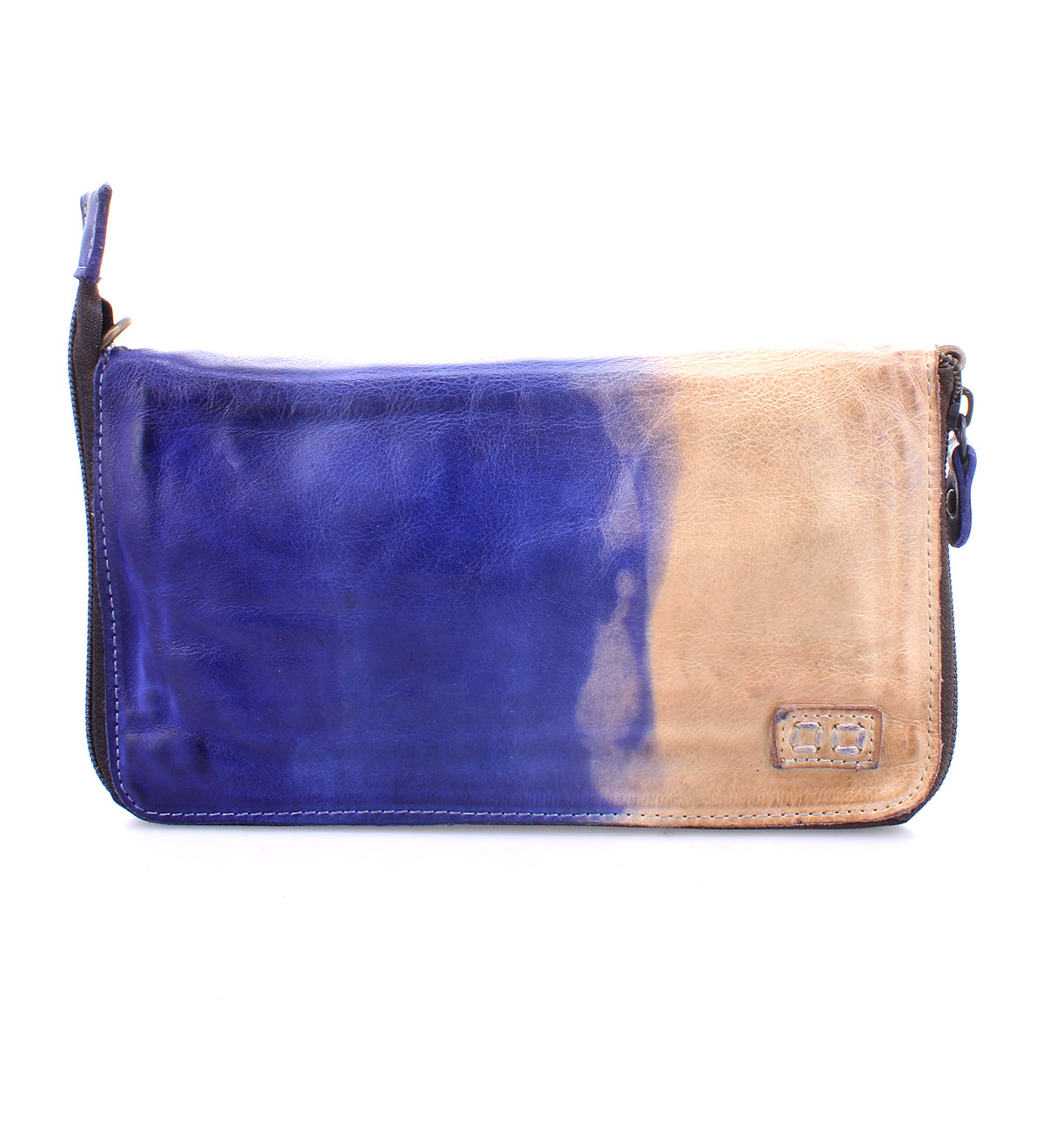 A blue and tan Bed Stu Templeton II wallet with a zipper, perfect for storing your belongings securely.