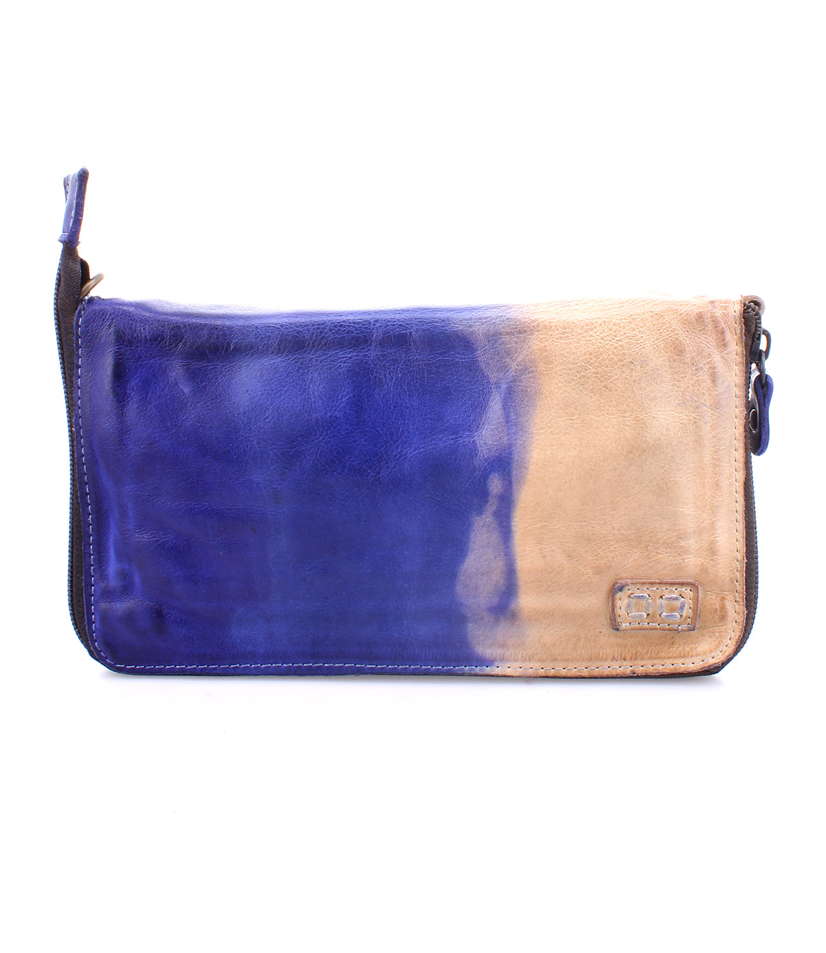 A blue and tan Bed Stu Templeton II wallet with a zipper, perfect for storing your belongings securely.
