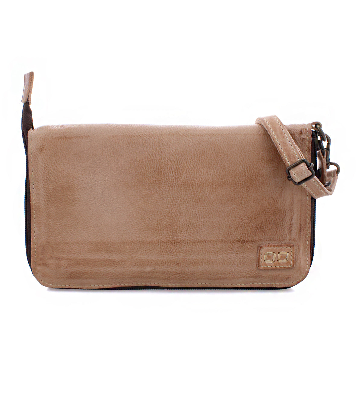 Bed Stu Templeton II oat colored leather three-in-one leather wallet, clutch, and crossbody bag.
