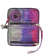 The inside of a Templeton II pink and purple leather multi-functional clutch from Bed Stu.