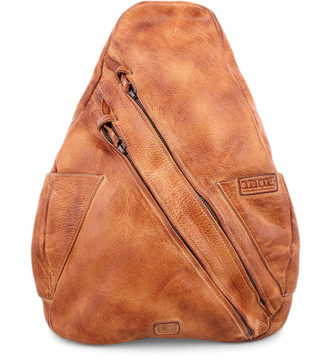 A tan leather Tommie backpack with a zipper. (Brand Name: Bed Stu)
