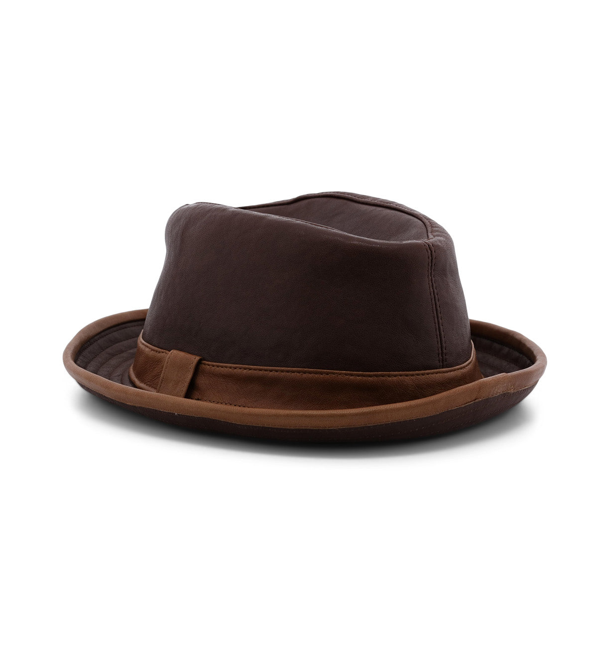 A Turino fedora by Bed Stu, in brown and tan, on a white background.