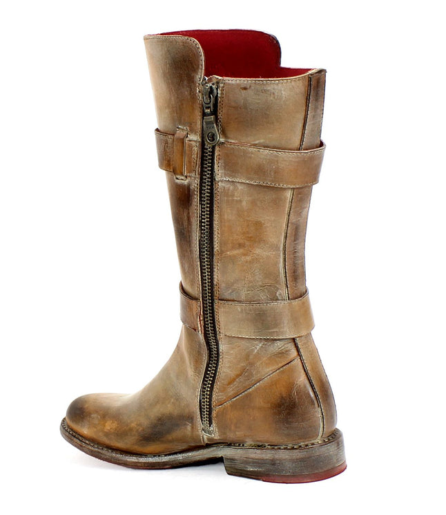 The Bed Stu Turn short leather boot, featuring a side zipper and two adjustable horizontal straps, is showcased against a white background.