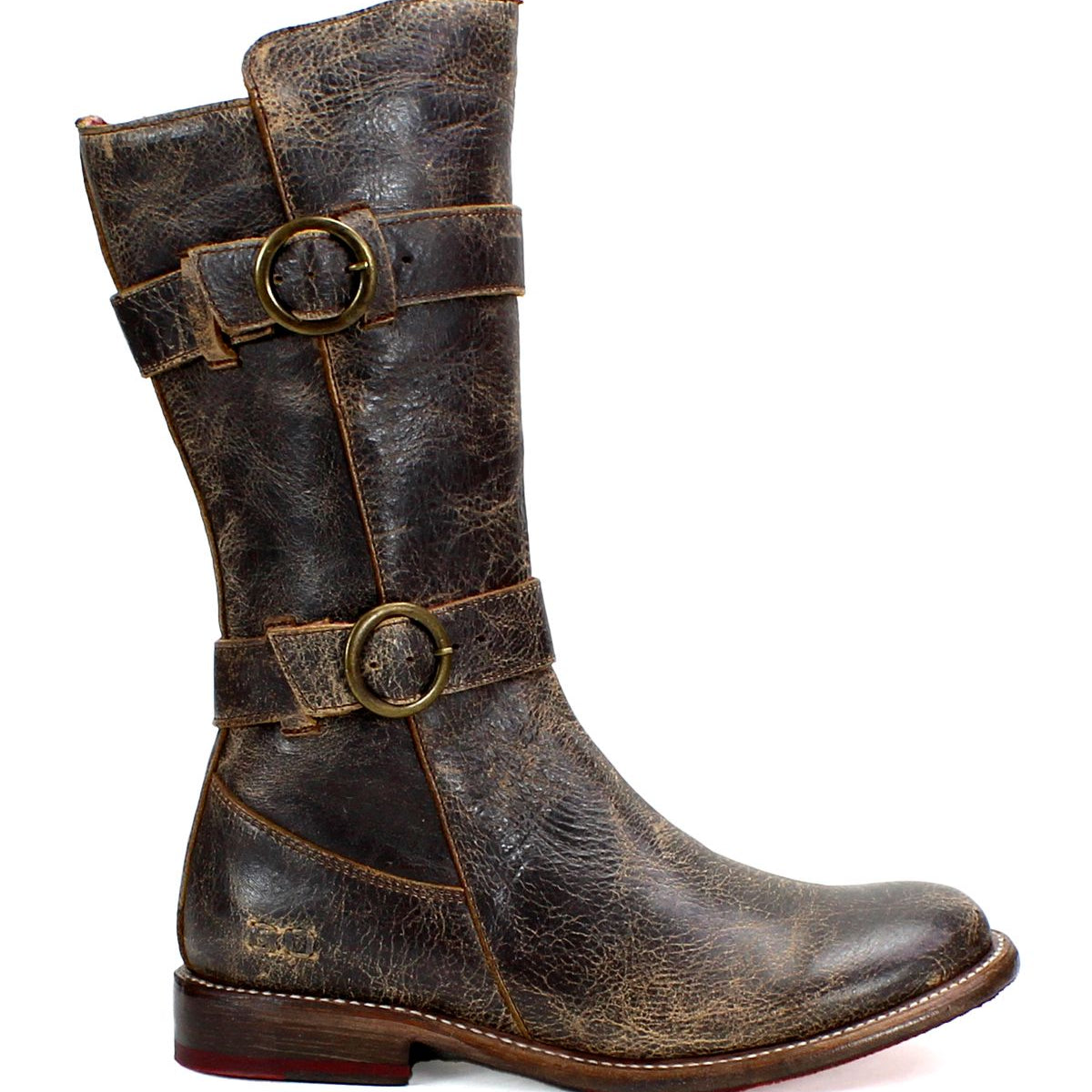A single, weathered brown Turn short leather boot by Bed Stu, featuring Goodyear welted construction with two brass buckles and a low heel, photographed from the side against a white background.