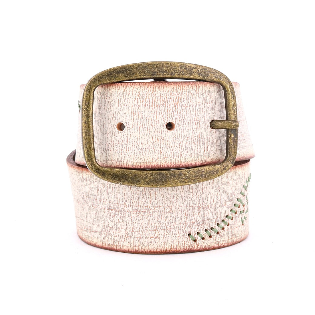 An Upswing white leather belt with a gold buckle by Bed Stu.