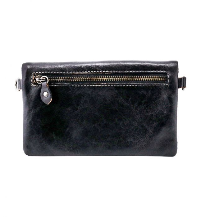 A black leather Bed Stu Cadence crossbody bag with a zipper.