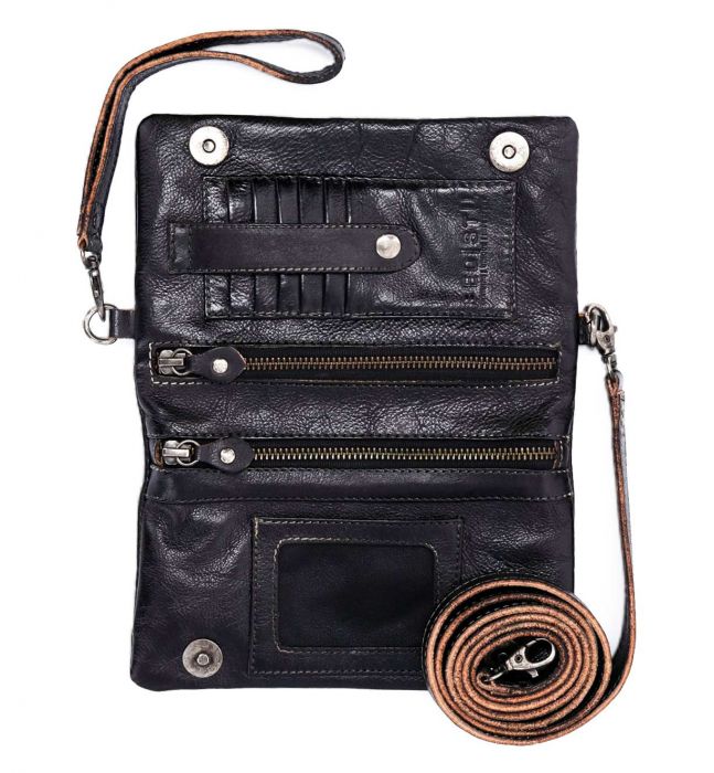 Inside a Cadence black leather clutch bag by Bed Stu.