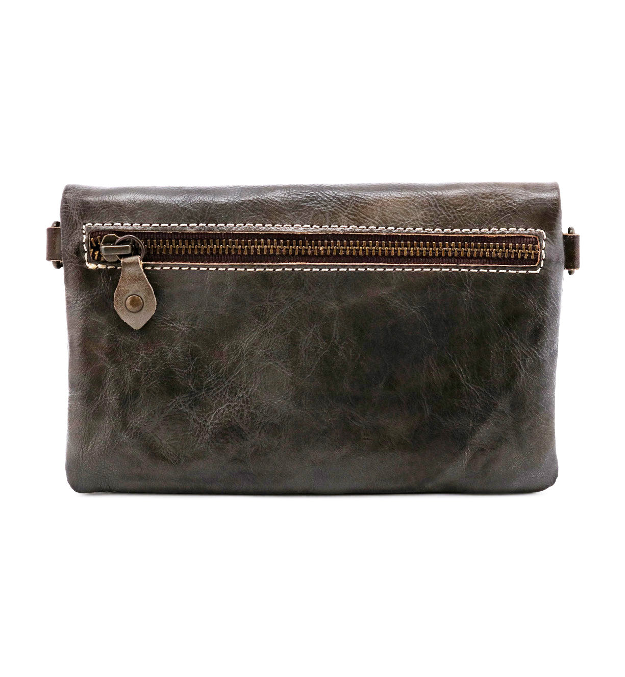 A taupe leather Cadence clutch bag with a zipper, by Bed Stu.
