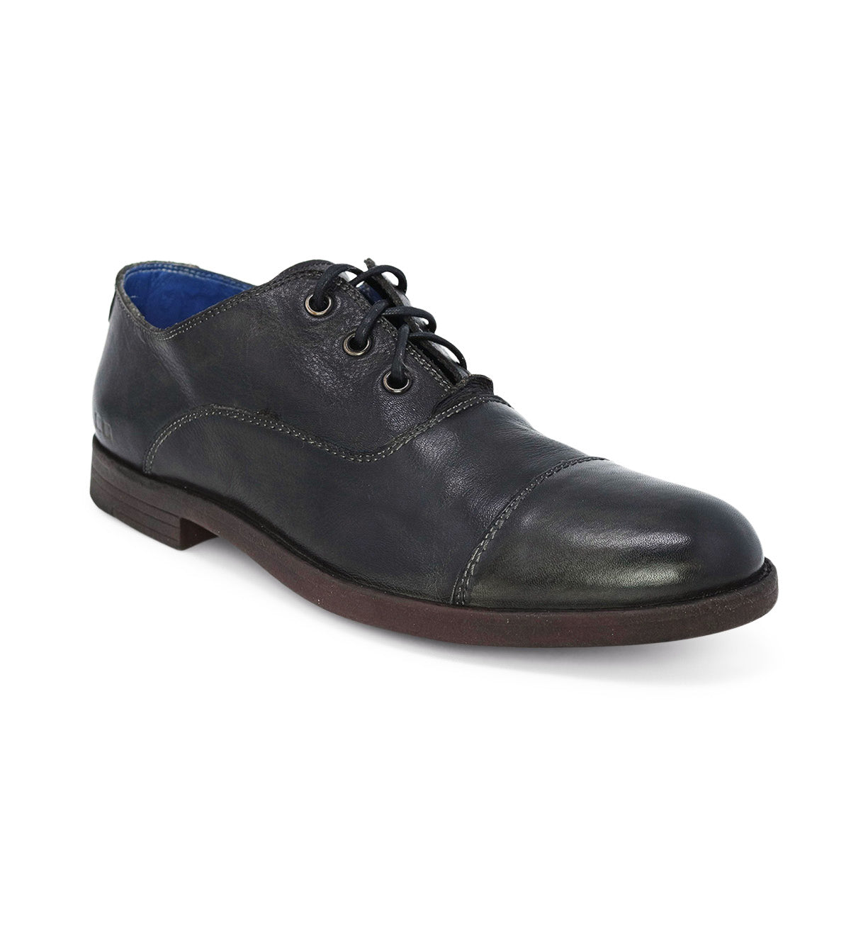 A men's black leather Donatello oxford shoe on a white background, by Bed Stu.
