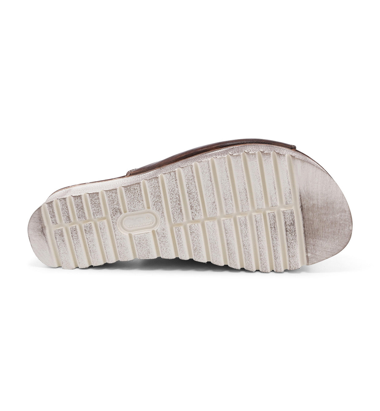 The back view of a Bed Stu Fairlee II women's sandal with a white sole.