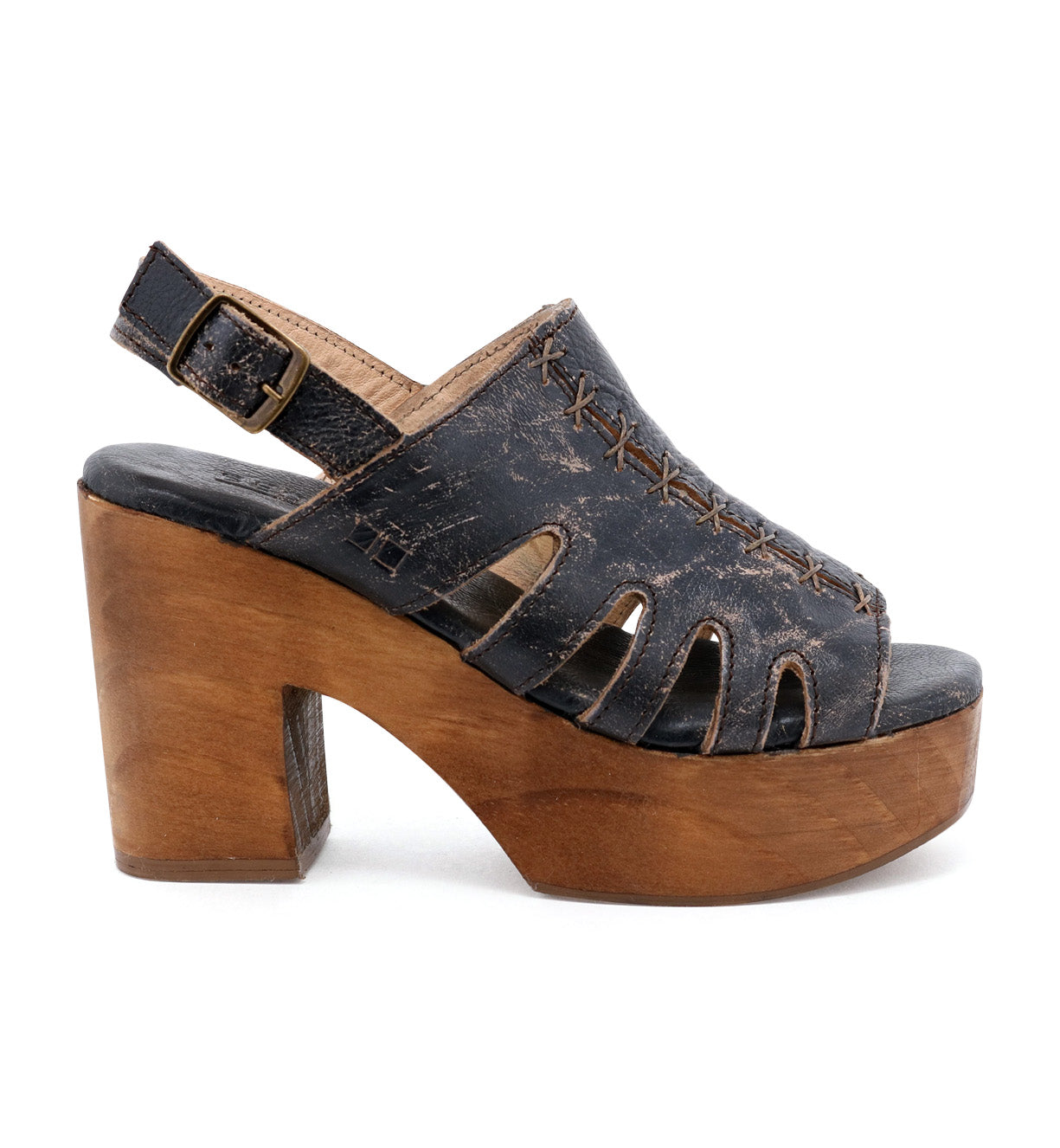 A pair of black Fontella wooden sandals with a wooden heel by Bed Stu.