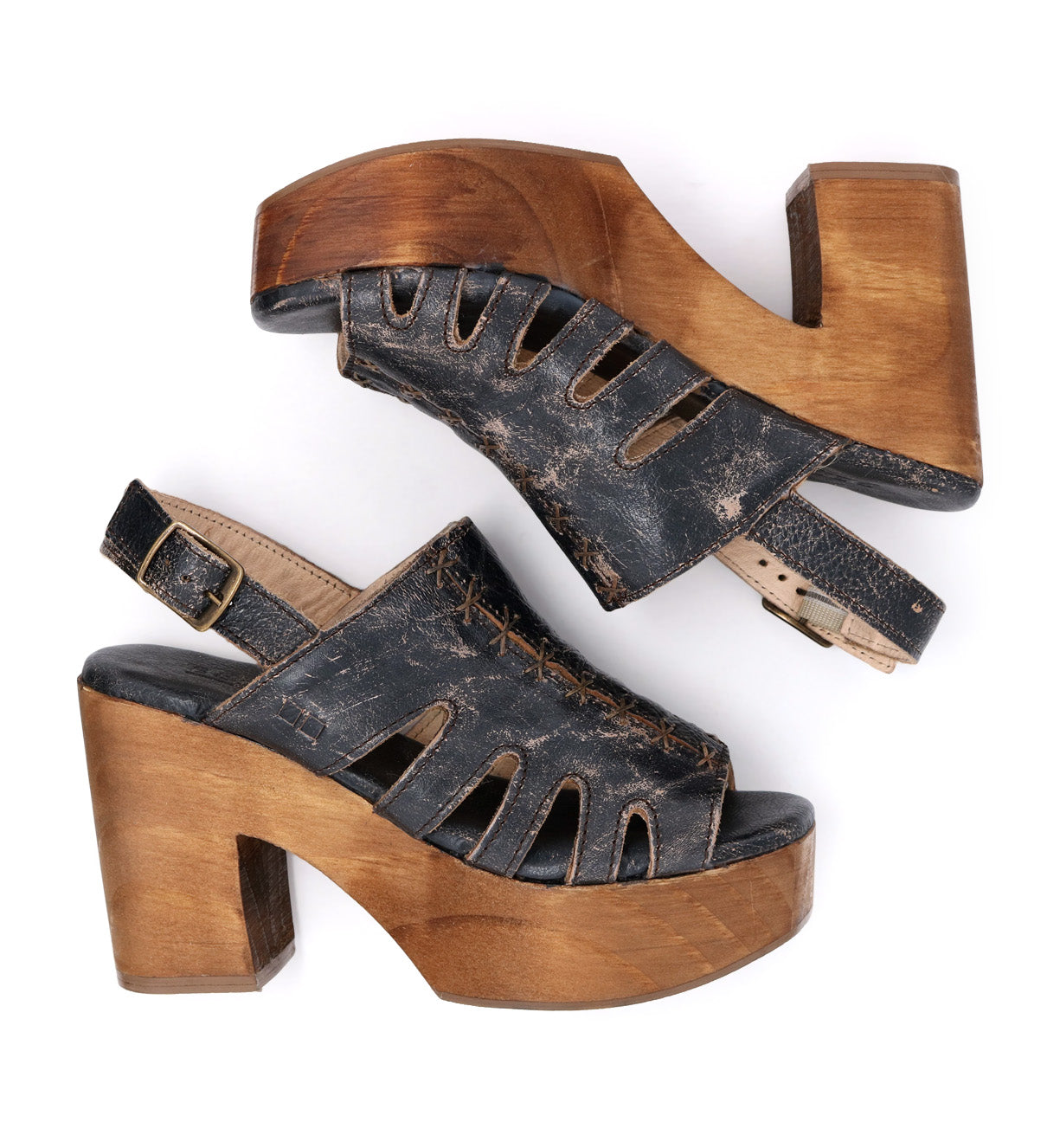 A pair of black Fontella wooden sandals with a wooden heel by Bed Stu.