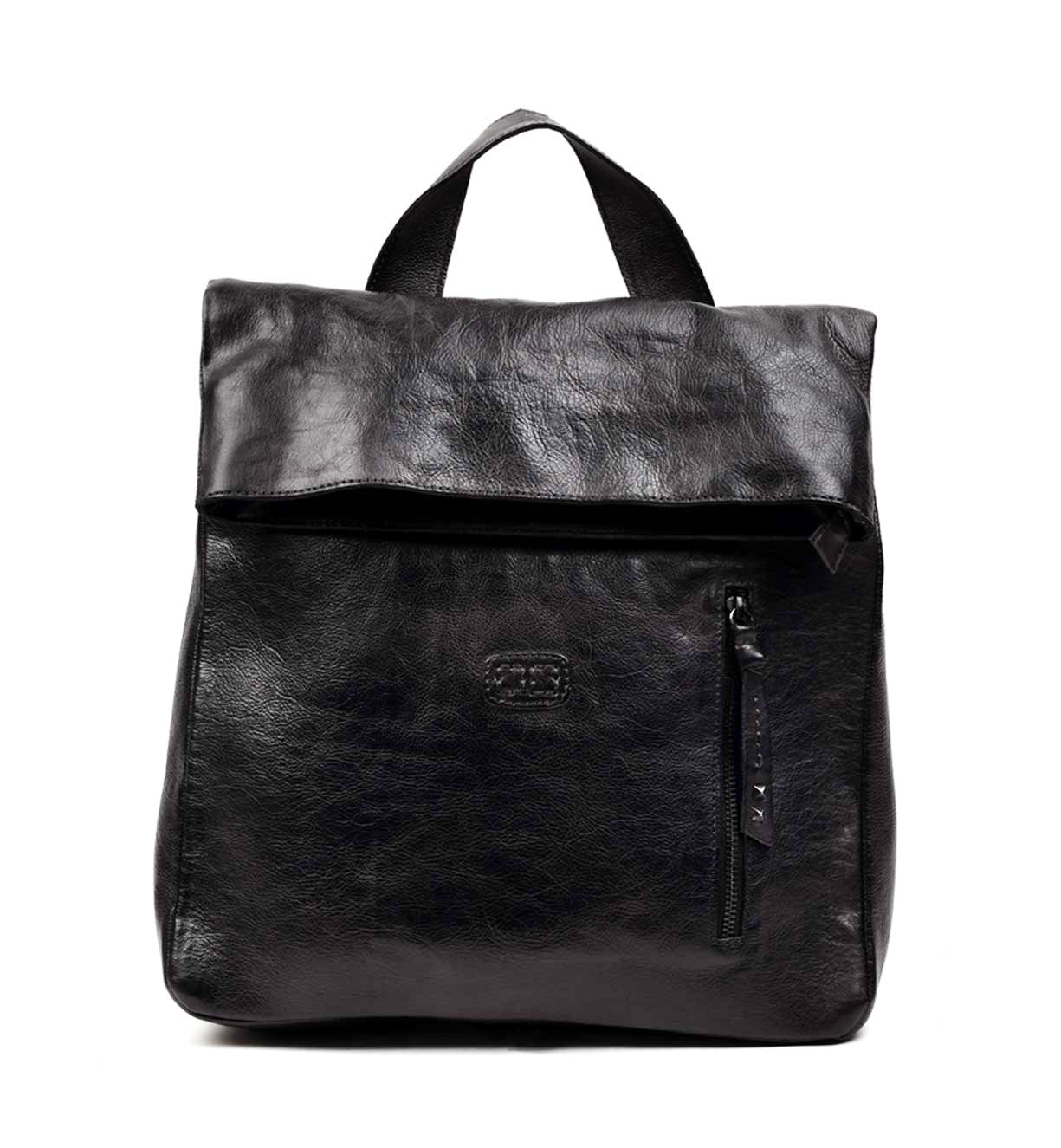 A black leather Howie backpack on a white background, by Bed Stu.