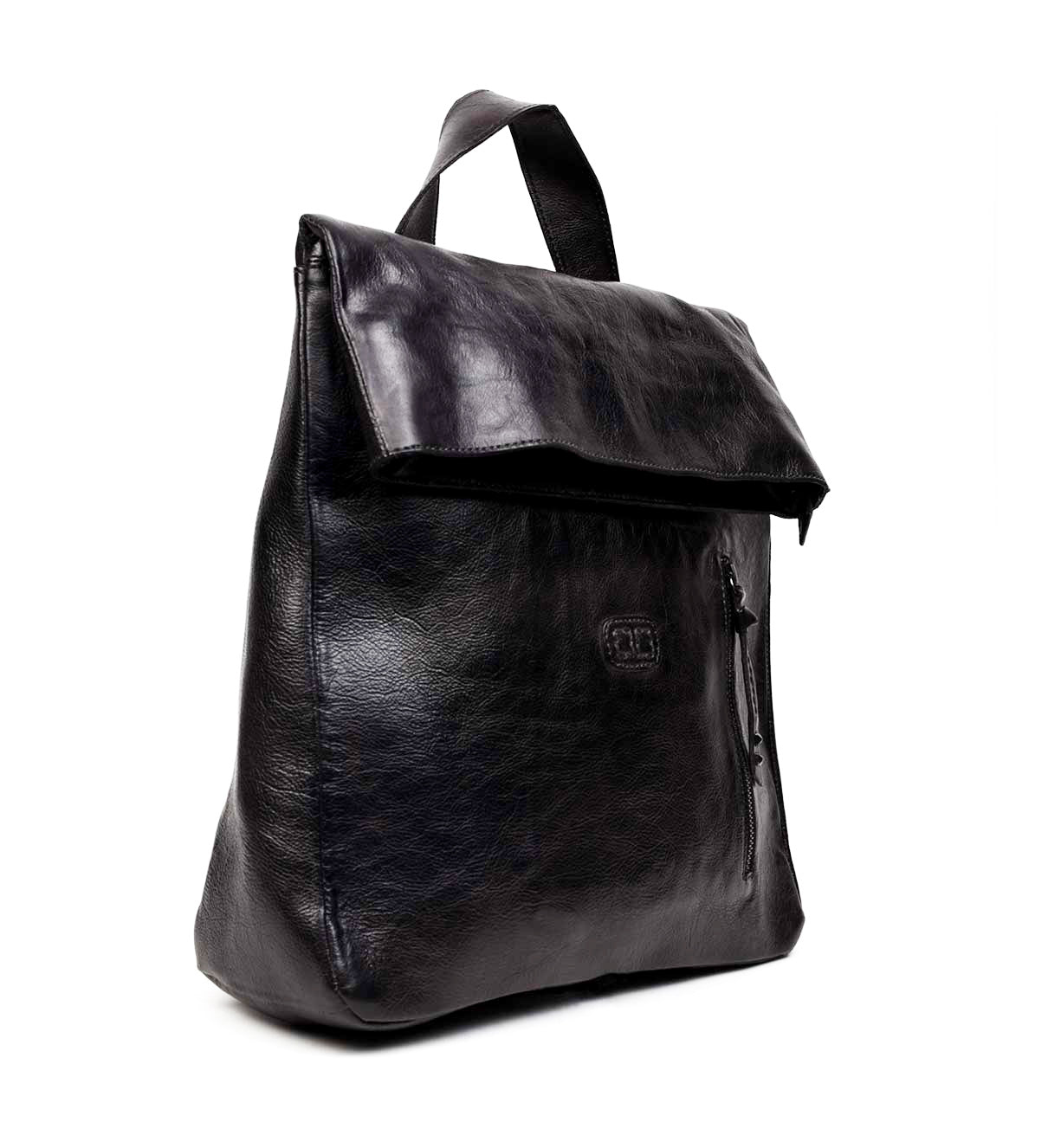 A black leather Howie backpack on a white background, made by Bed Stu.